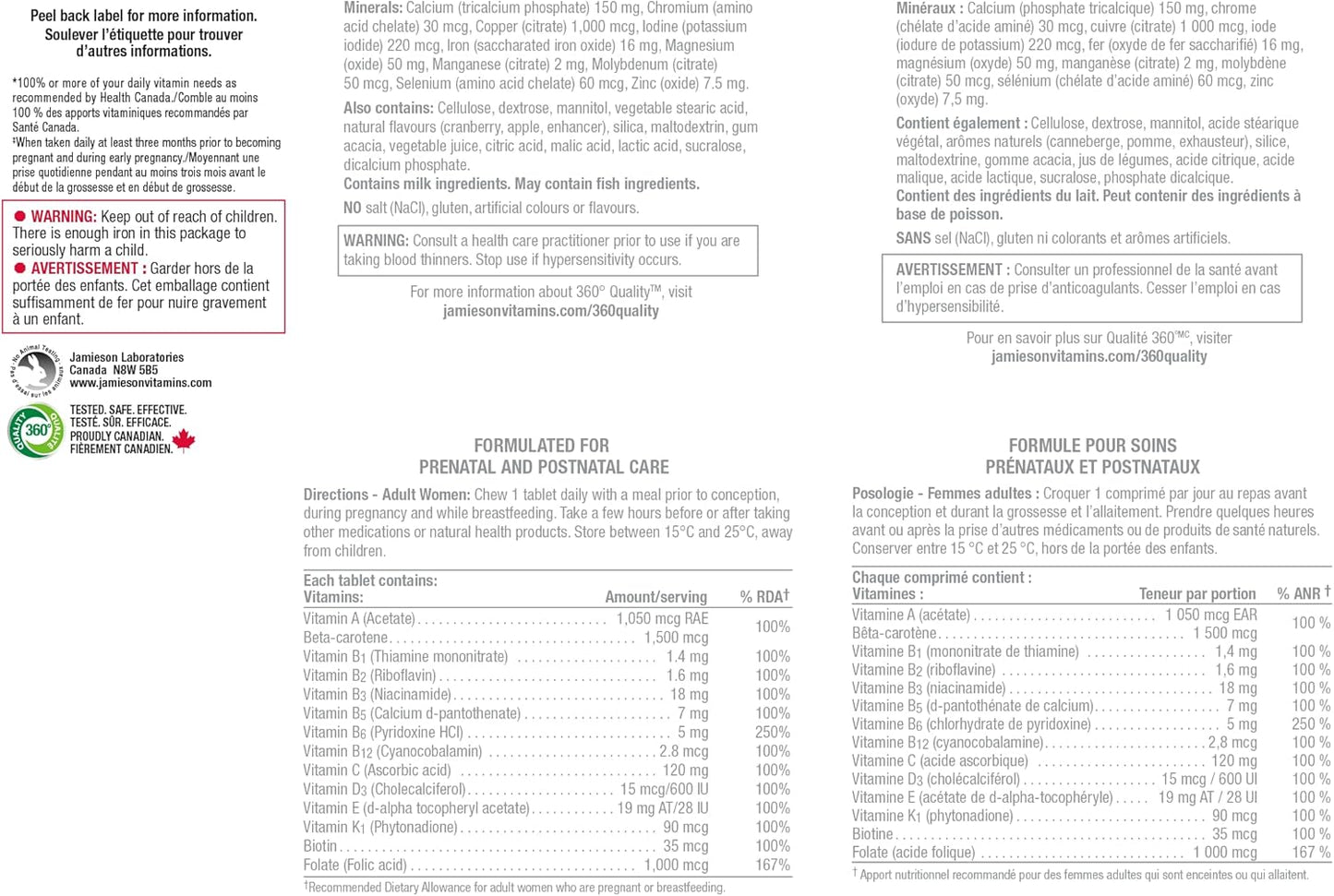 Jamieson 产前 100% 复合维生素咀嚼片，蔓越莓苹果味，添加叶酸和铁。适用于产前、产后和哺乳期，预防神经管缺陷，不含人工色素……