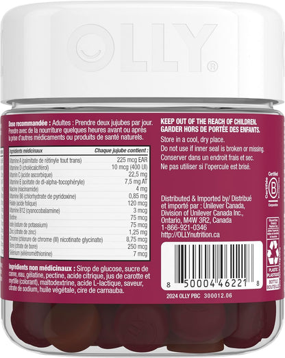 OLLY 女性多种软糖补充剂，不含人工香料和色素 Blissful Berry 多种维生素，有助于维持女性健康，45 天供应量，90 粒软糖