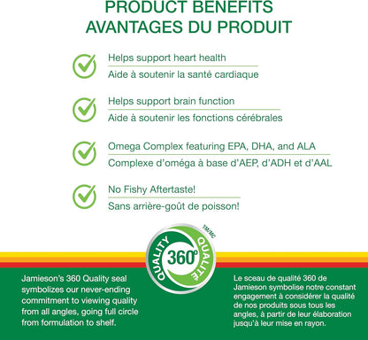 Jamieson Omega-3-6-9 1200 毫克，無魚腥味，魚油、琉璃苣油和亞麻籽油。支持心臟和大腦健康，富含 EPA、DHA 和 ALA，非基因改造，無麩質，180 粒軟膠囊，加拿大製造