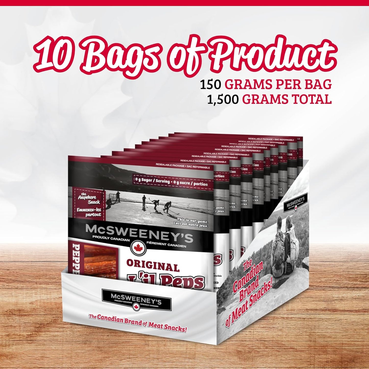 McSweeney's 原味 L'il Peps 干腌意大利辣香肠。100% 加拿大制造，天然烟熏，高蛋白零食，无麸质肉类零食，无需冷藏。150 克（10 包）