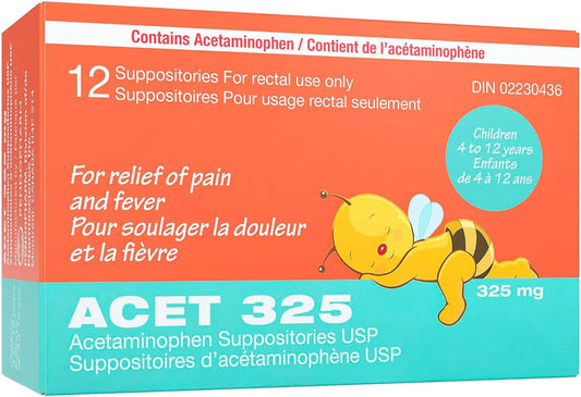 ACET 對乙醯氨基酚栓劑 325 毫克 - 適用於兒童（4-12 歲）退燒止痛 - 12 支，白色，一次性，僅限直腸使用
