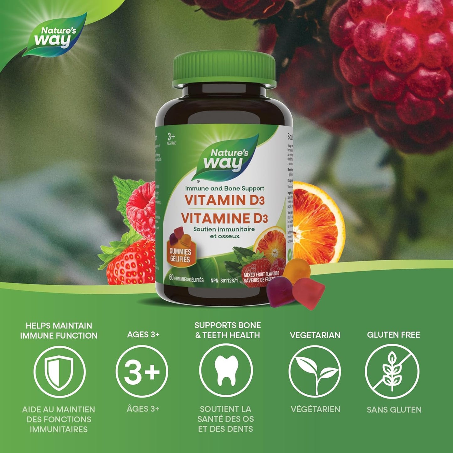 Nature's Way 維生素 D 軟糖 - 免疫和骨骼支持 - 每顆軟糖含 1000 IU 維生素 D3 - 草莓、桃子和芒果味軟糖 - 60 顆軟糖