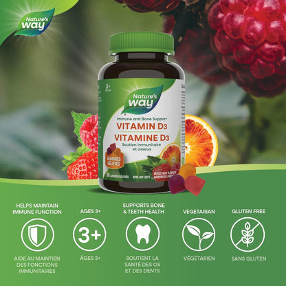 Nature's Way 維生素 D 軟糖 - 免疫和骨骼支持 - 每顆軟糖含 1000 IU 維生素 D3 - 草莓、桃子和芒果味軟糖 - 60 顆軟糖