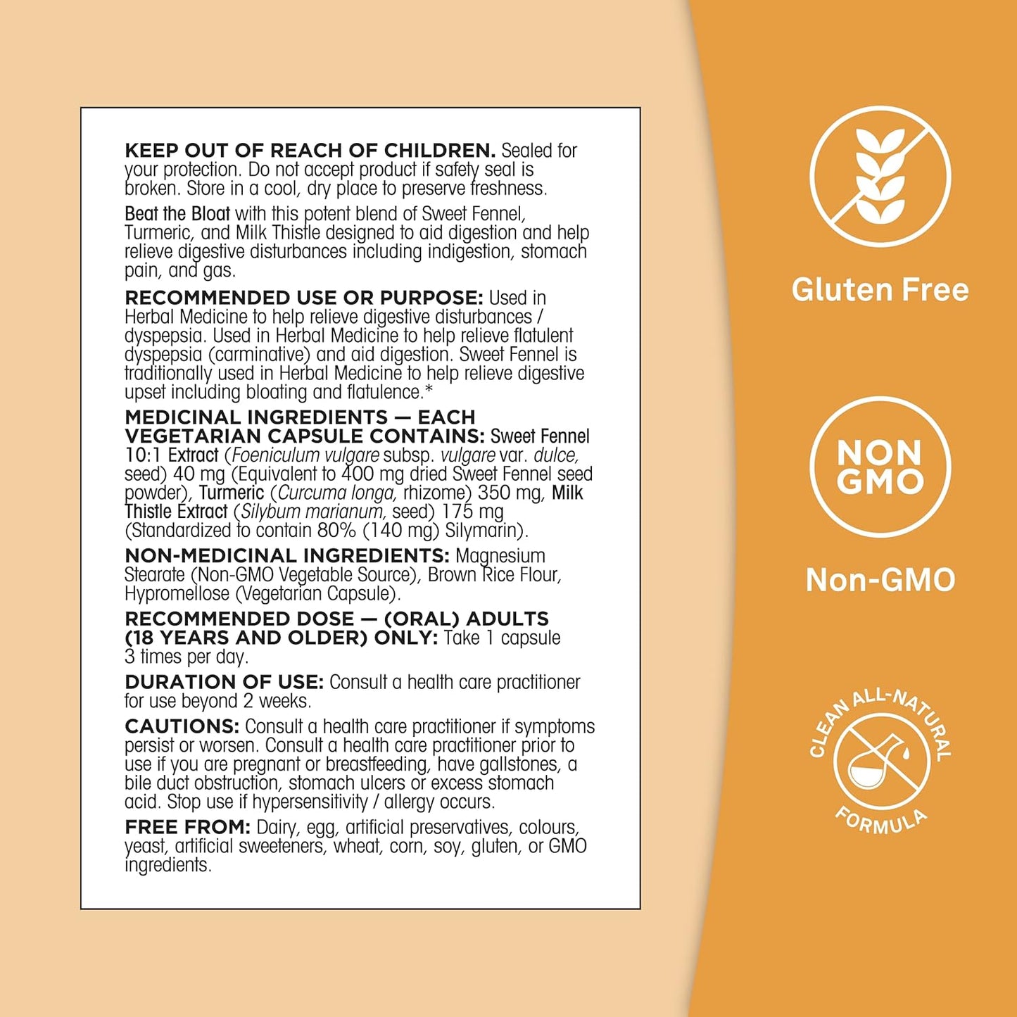 Organika 加拿大制造腹胀缓解胶囊 - 帮助缓解腹胀和胀气 - 甜茴香、姜黄和奶蓟草本混合物 - 消化支持 - 120 粒胶囊