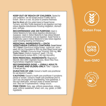 Organika 加拿大制造腹胀缓解胶囊 - 帮助缓解腹胀和胀气 - 甜茴香、姜黄和奶蓟草本混合物 - 消化支持 - 120 粒胶囊