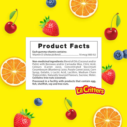 L'il Critters 兒童維生素 D3 軟糖，800 IU 維生素 D3 每日劑量，支持骨骼健康*，天然香料，190 粒（3 個月用量），包裝可能有所不同。