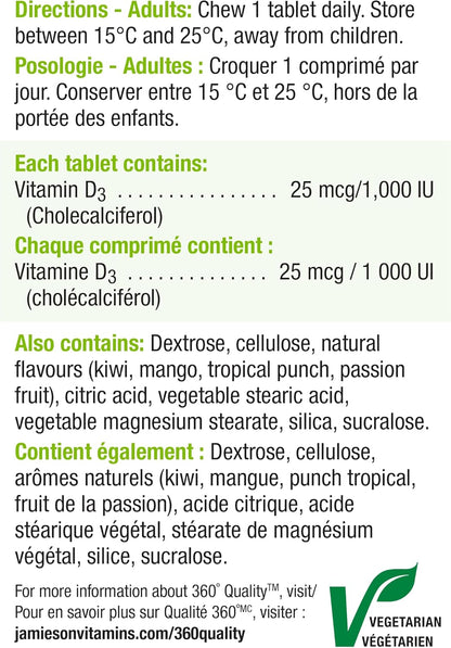 Jamieson 咀嚼维生素 D3 1000 国际单位，热带水果口味，支持免疫健康，强健骨骼和牙齿。素食，非转基因，无麸质，无人工香料和色素，100 粒，加拿大制造