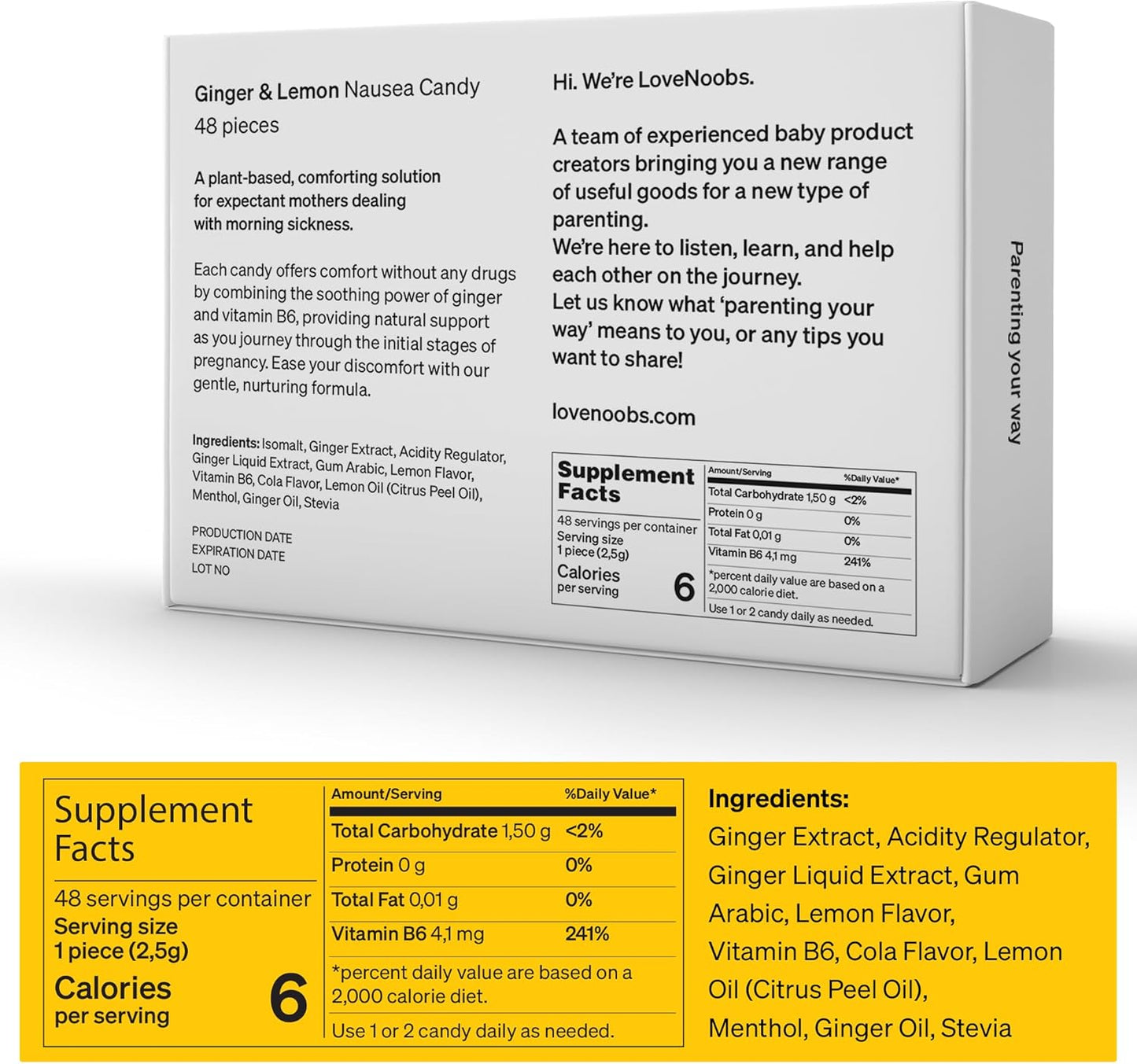 LoveNoobs™ 檸檬薑糖，緩解懷孕噁心，緩解孕吐，檸檬糖，緩解暈動病，無糖，含維生素 B6