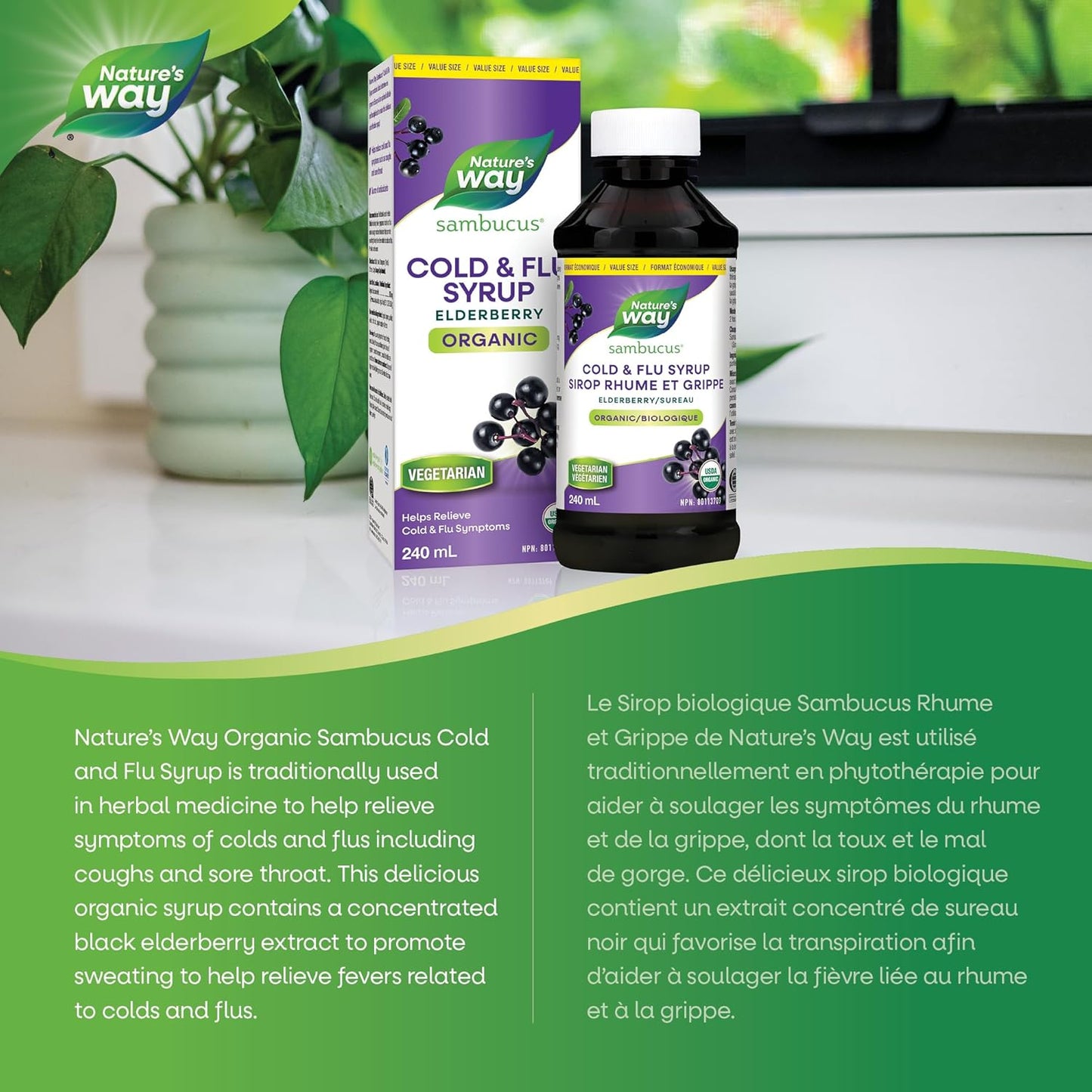 Nature's Way 有机接骨木糖浆感冒和流感护理 - 草药接骨木糖浆，帮助缓解成人症状（咳嗽和喉咙痛），240 毫升