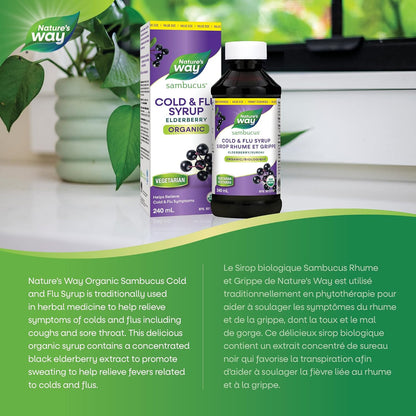 Nature's Way 有机接骨木糖浆感冒和流感护理 - 草药接骨木糖浆，帮助缓解成人症状（咳嗽和喉咙痛），240 毫升