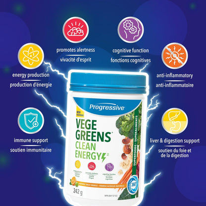 Progressive VegeGreens 清洁能源天然酸橙味 242 克 | 促进能量生产，提高警觉性和认知功能