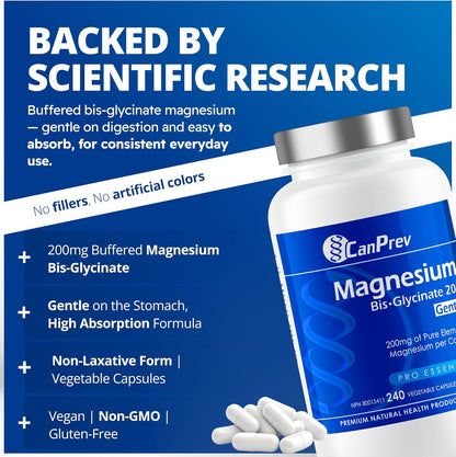 CanPrev 純雙甘氨酸鎂 200 毫克，240 粒素食膠囊，240 天供應量 - 溫和呵護胃部 - 雙甘氨酸鎂補充劑 - 元素螯合複合物，有助於放鬆和肌肉舒適
