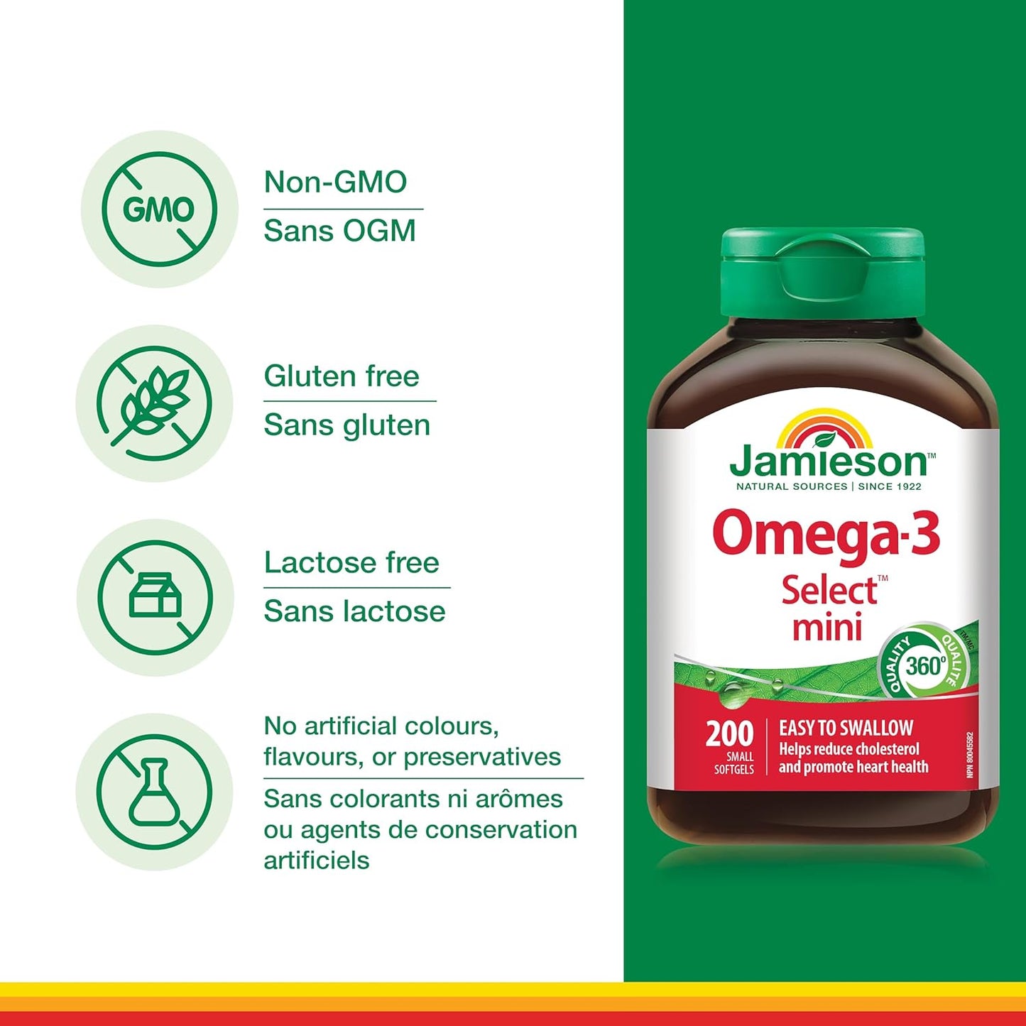 Jamieson Omega-3 Select Mini Softgels, Easy to Swallow, Supports Brain and Heart Health, and Helps Reduce Cholesterol. With EPA and DHA, Non-GMO, Gluten-Free, 200 Count, Proudly Canadian