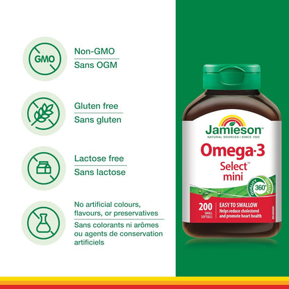 Jamieson Omega-3 Select Mini Softgels, Easy to Swallow, Supports Brain and Heart Health, and Helps Reduce Cholesterol. With EPA and DHA, Non-GMO, Gluten-Free, 200 Count, Proudly Canadian