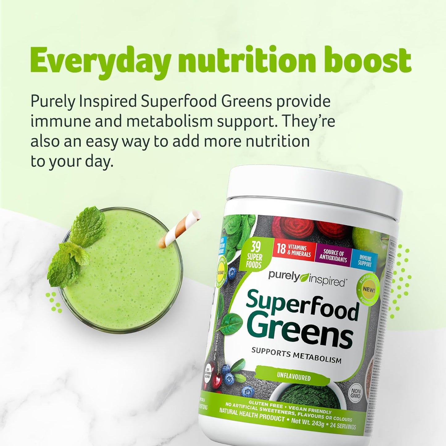 Purely Inspired Greens Superfood Powder for Women and Men - Organic Greens Smoothie Blend Supports Digestive Health & Immunity - Fruit & Veggie Blend, Gluten-Free (24 Servings)