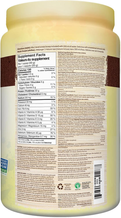 Garden of Life 生有机蛋白粉，巧克力味，660克。富含22克经认证的有机植物蛋白，包括在加拿大种植和加工的豌豆。有助于肌肉的构建和修复。富含14种发芽谷物、种子和豆类。