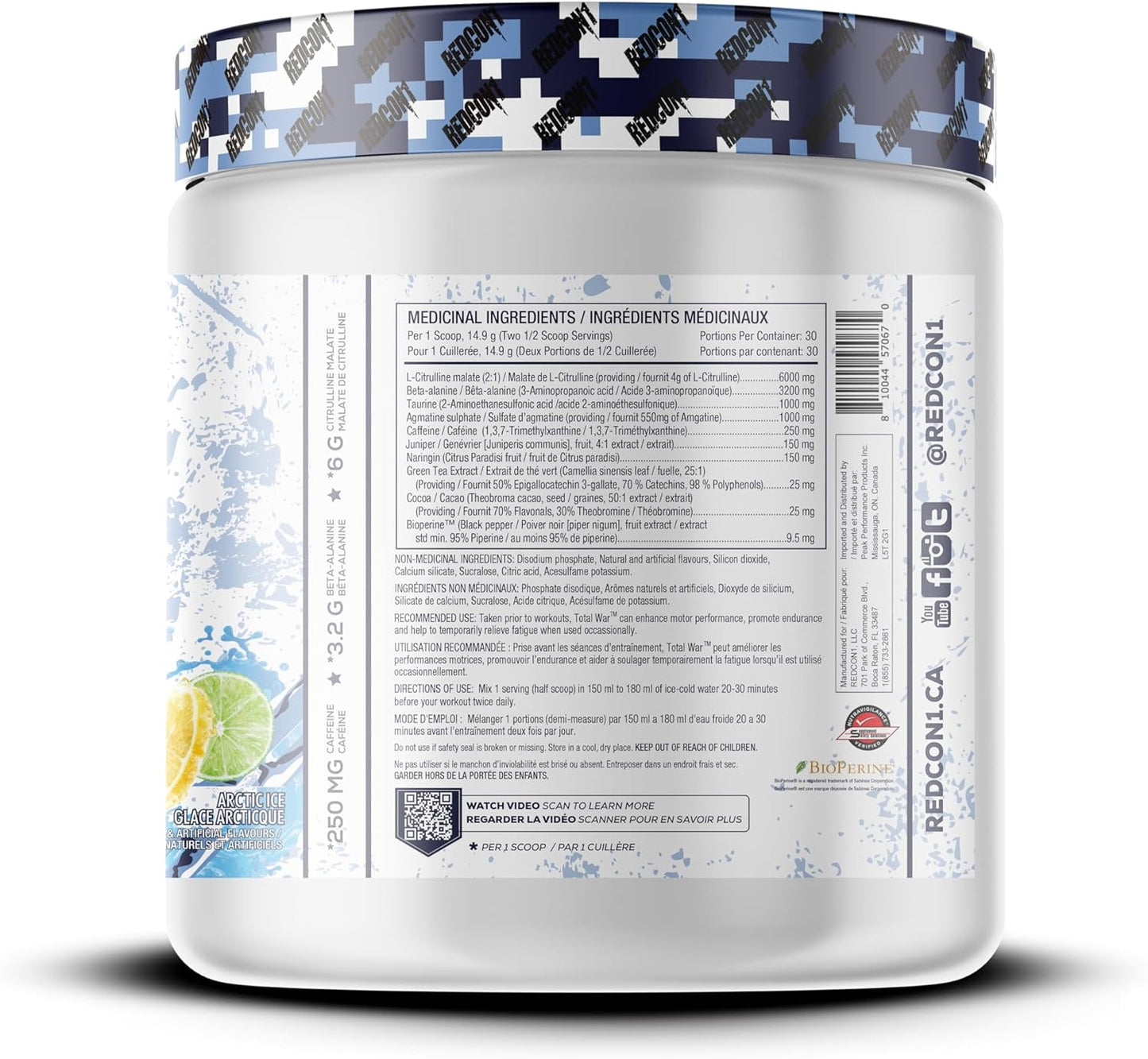 REDCON1 Total War 運動前粉，北極冰 - β-丙氨酸 + 瓜氨酸蘋果酸，適合素食者和生酮飲食者，適合男性和女性，含 250 毫克咖啡因 - 速效 HMB（30 份）