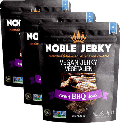 Noble Jerky 素食肉乾燒烤口味 - 14克植物蛋白，非基因，無人工添加劑，高蛋白零食，3包（70克/袋）