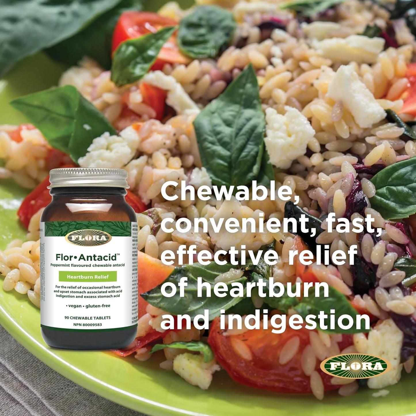 Flora Health Flor-Antacid - 用於緩解偶爾因消化不良和胃酸過多引起的胃灼熱和胃部不適 - 真正的薄荷油口味 - 90 片咀嚼片