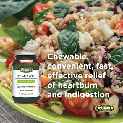 Flora Health Flor-Antacid - 用於緩解偶爾出現的胃灼熱和胃部不適，與消化不良和胃酸過多有關，真正的薄荷油口味，180 片咀嚼片