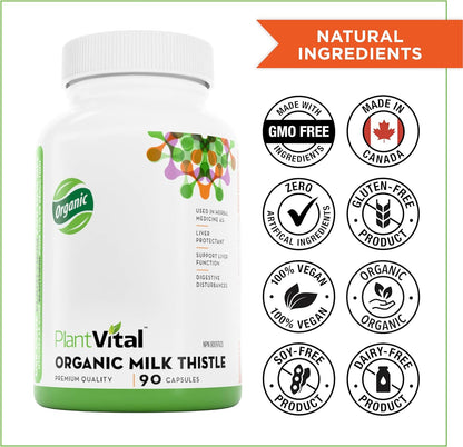 PlantVital Organic Milk Thistle Extract Capsules - Made in Canada - Vegan - 80% Silymarin Flavonoids - Can support liver function and digestive disturbances - Non-GMO - 3 Months Supply - 90 Capsules