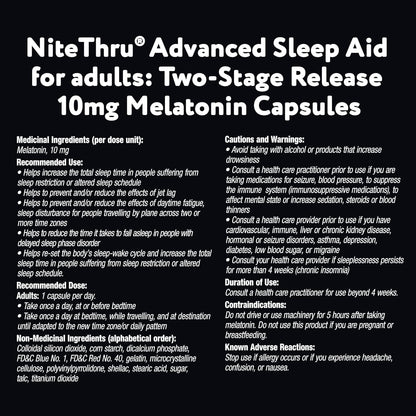 NiteThru 成人高級睡眠輔助劑，定時釋放褪黑激素，快速起效並持續一整夜，10 毫克褪黑激素，30 粒膠囊