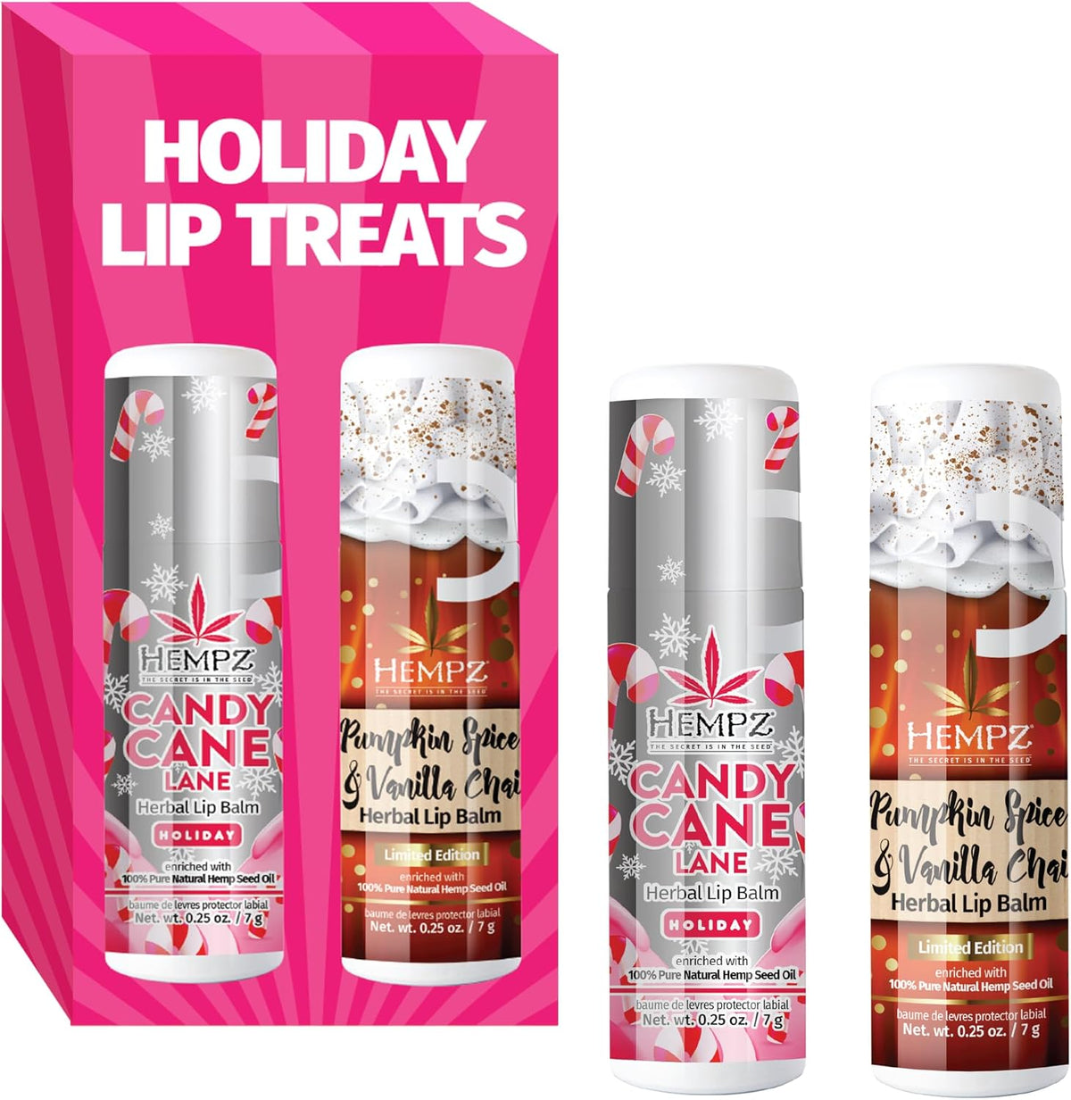 Hempz Fall Lip Balm, Limited Edition 2-Pack, Pumpkin Spice and Peppermint Candy Cane, Hydrating Lip Care for Men and Women, .25 oz tube