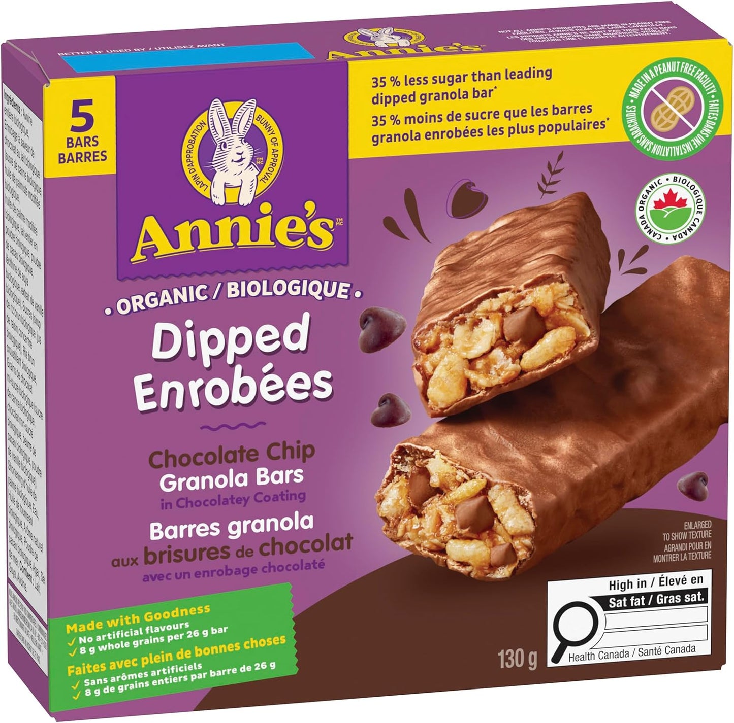 ANNIE'S 巧克力碎燕麦棒，有机，无人工香料，全谷物，5 包燕麦棒