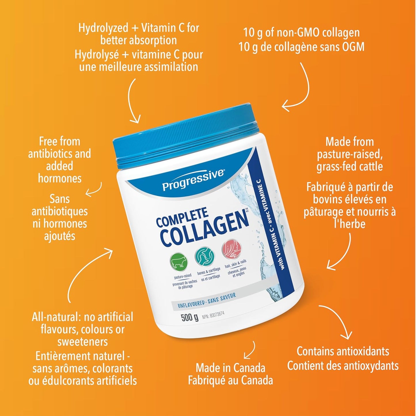 完整胶原蛋白粉补充剂 - 无味，500 克 | 非转基因、无抗生素、无激素和完整胶原蛋白香草冰淇淋