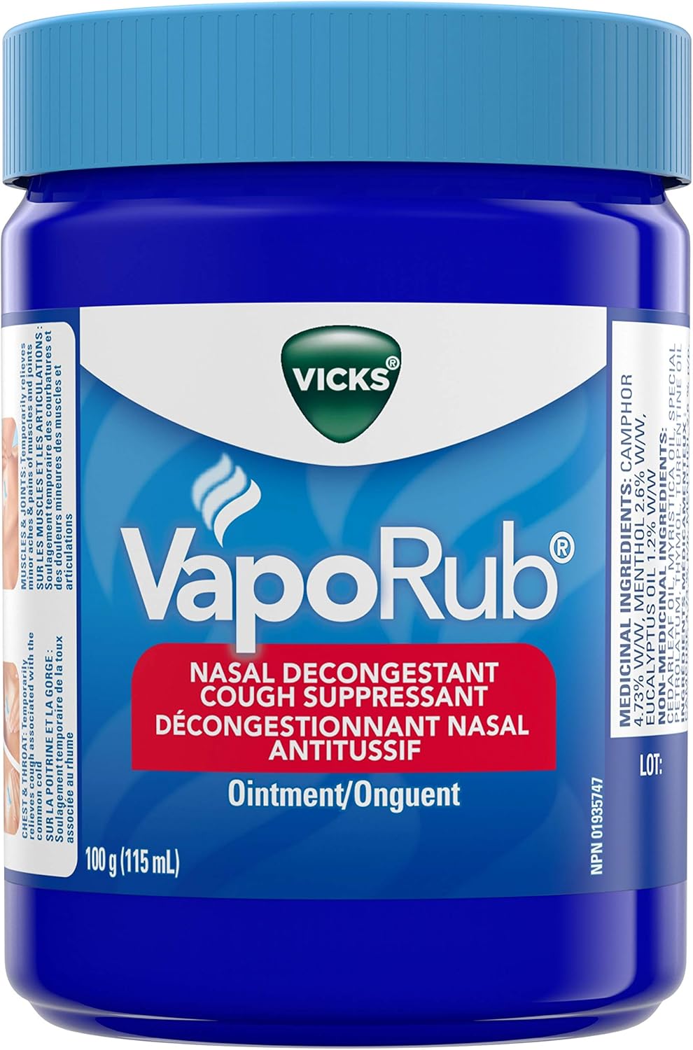 Vicks VapoRub 鼻塞緩解劑，止咳藥，緩解感冒、疼痛和疼痛，胸部按摩膏，原味，100 克/115 毫升