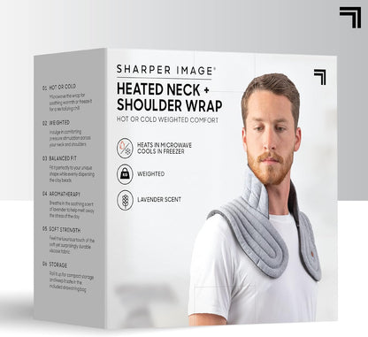 SHARPER IMAGE Heated Neck & Shoulder Aromatherapy Wrap, Lavender Scented Hot & Cold Therapy, Weighted Muscle Pain & Stress Relief, Luxurious Soft Plush, Adjustable Fit, Relaxation & Self-Care