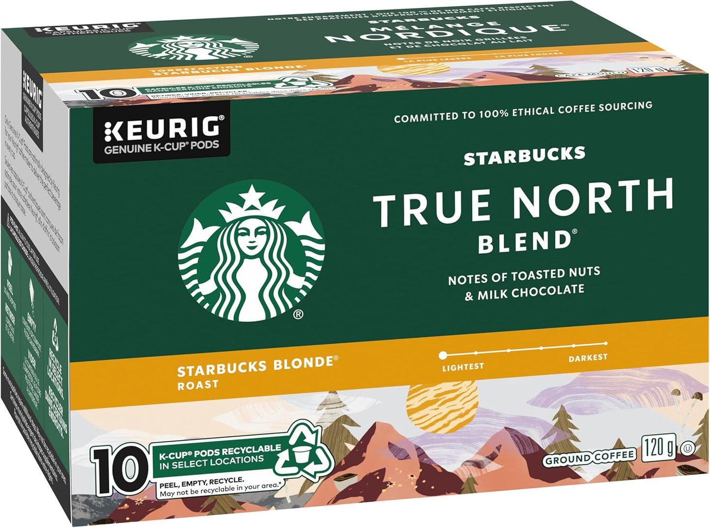 星巴克 True North 金色淺烘焙咖啡，單份 Keurig K-cup 膠囊，6 盒，60 粒膠囊和 TRUE NORTH BLEND 金色烘焙研磨咖啡 K-CUP 膠囊，10 支裝