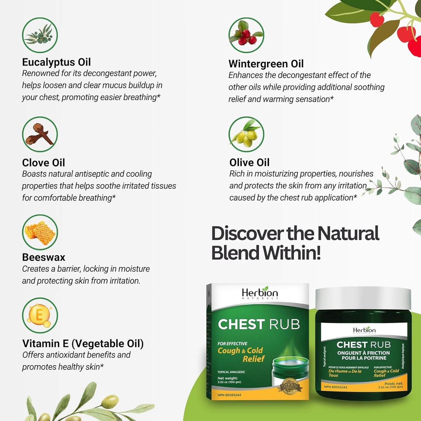 Herbion Naturals 胸部按摩膏，3.5 液体盎司 - 局部镇痛剂；缓解咳嗽、鼻塞和胸闷；舒缓拉伤、扭伤和关节炎引起的疼痛和酸痛