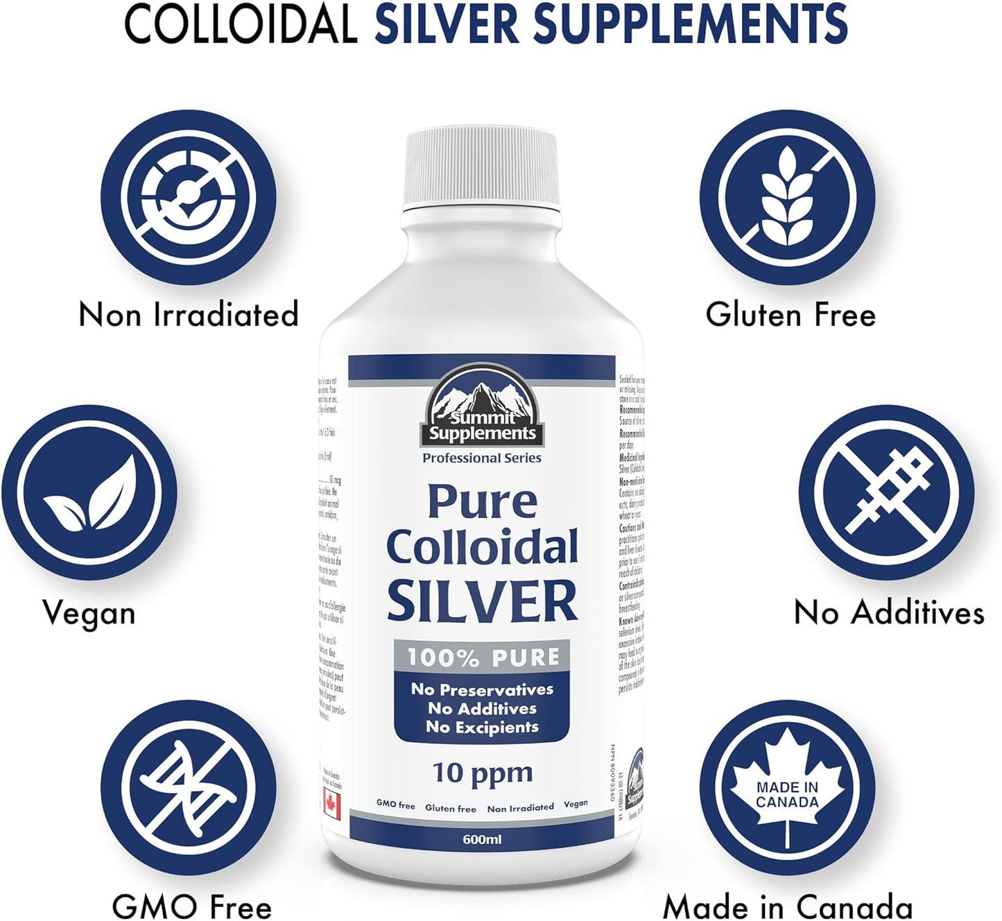 Pure Colloidal Silver Liquid 600ml Family Size, 120 Servings, 10 ppm Trace Mineral Drops, Neutral Taste, Multipurpose Daily Use for Skin & Wellness, Proudly Canadian, Plastic Negative, Vegan, GMO-Free