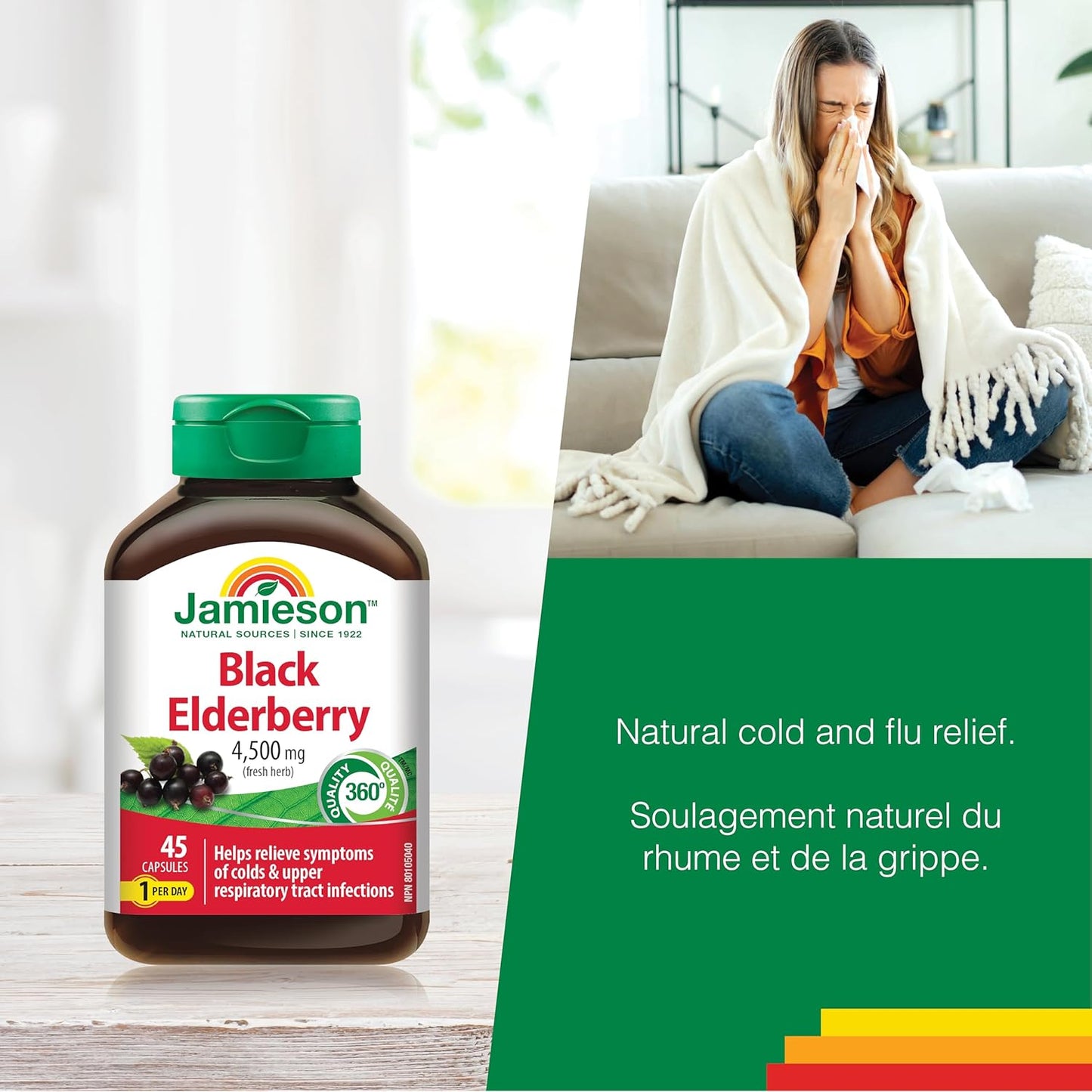 Jamieson 黑接骨木果 4,500 毫克素食胶囊，缓解感冒和流感症状，并缓解发烧、咳嗽和咽喉痛等症状。非转基因，无麸质，45 粒，加拿大制造