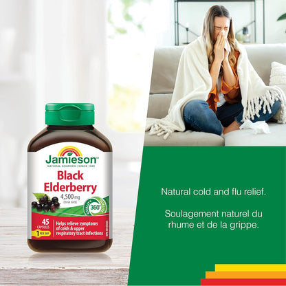 Jamieson 黑接骨木果 4,500 毫克素食胶囊，缓解感冒和流感症状，并缓解发烧、咳嗽和咽喉痛等症状。非转基因，无麸质，45 粒，加拿大制造