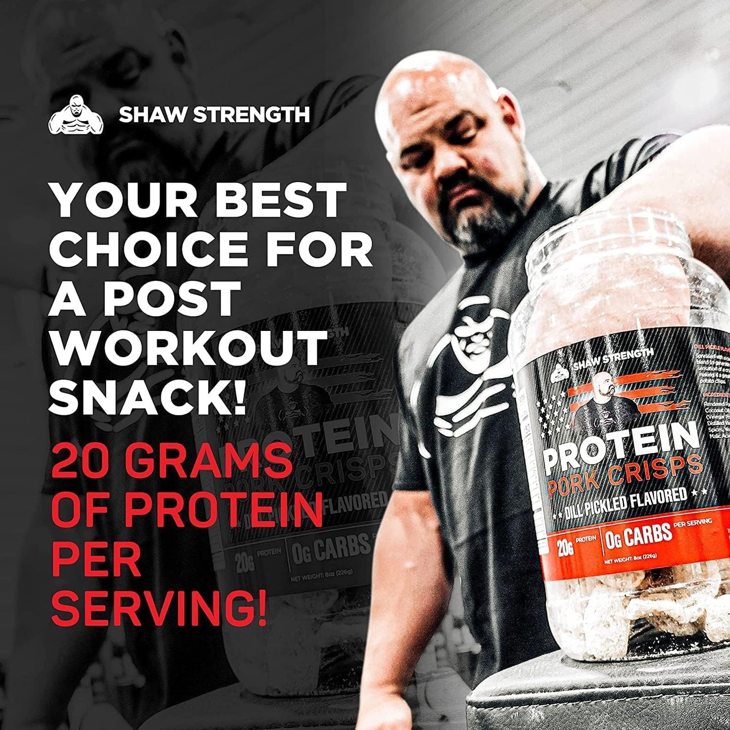 Shaw Strength Protein 豬皮（蒔蘿泡菜味，8盎司）；專為世界最強壯男人 Brian Shaw 研發，生酮友好，高蛋白，無碳水化合物，全天然，椰子油炸