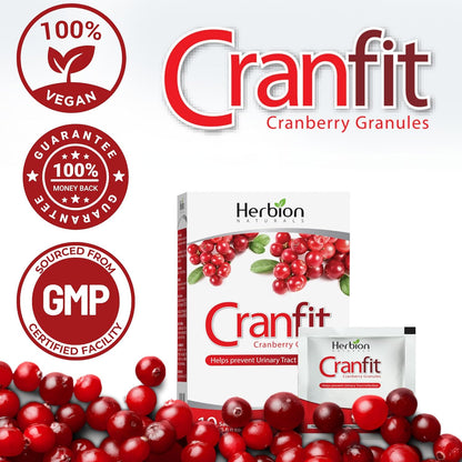 Herbion Naturals Cranfit Cranberry Granules Help Prevent Recurrent Urinary Tract Infections (UTIs), Source of Antioxidants, 250 mg Cranberry Extract per Sachet, Herbal Formula, Dissolves in Water, For Adults, 10 Sachets