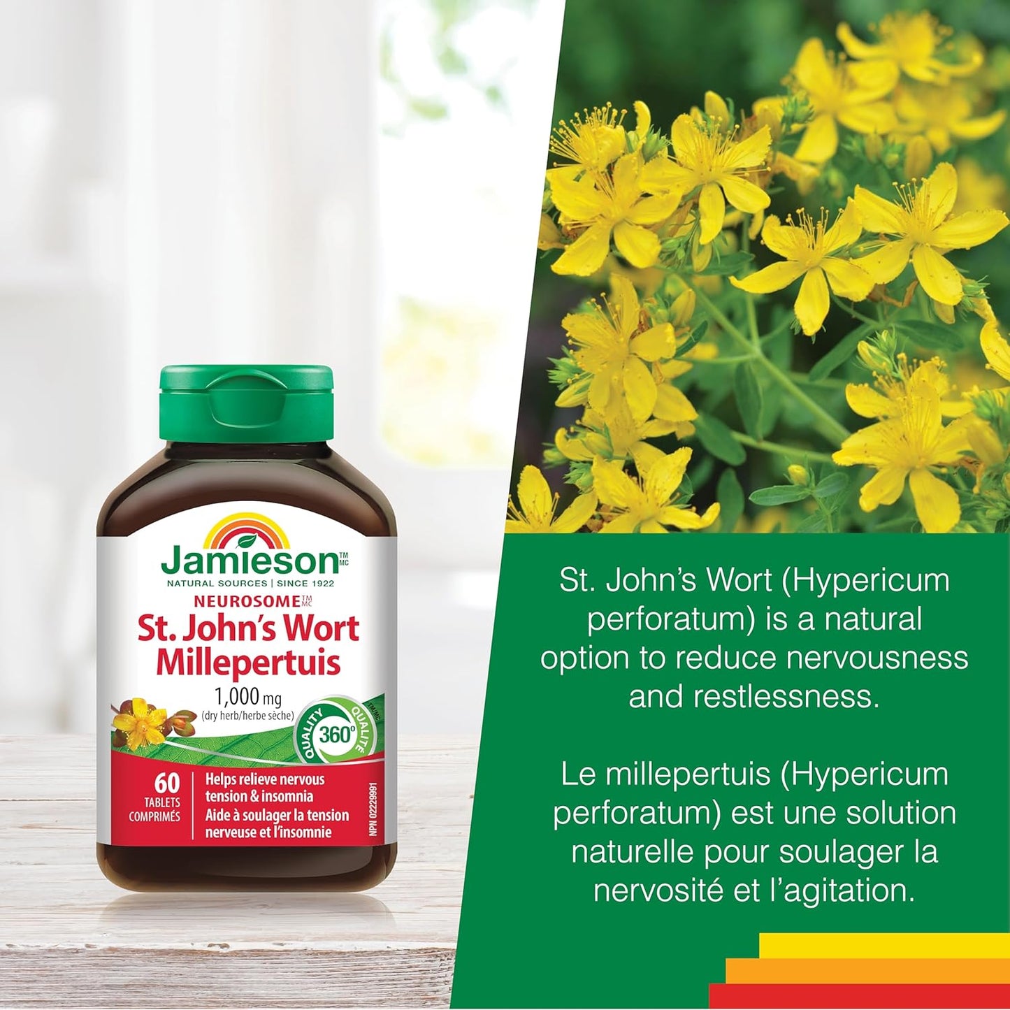 Jamieson 圣约翰草 1000 毫克，神经调节剂，镇静舒缓神经紧张。非转基因，无麸质，60 片装，加拿大制造