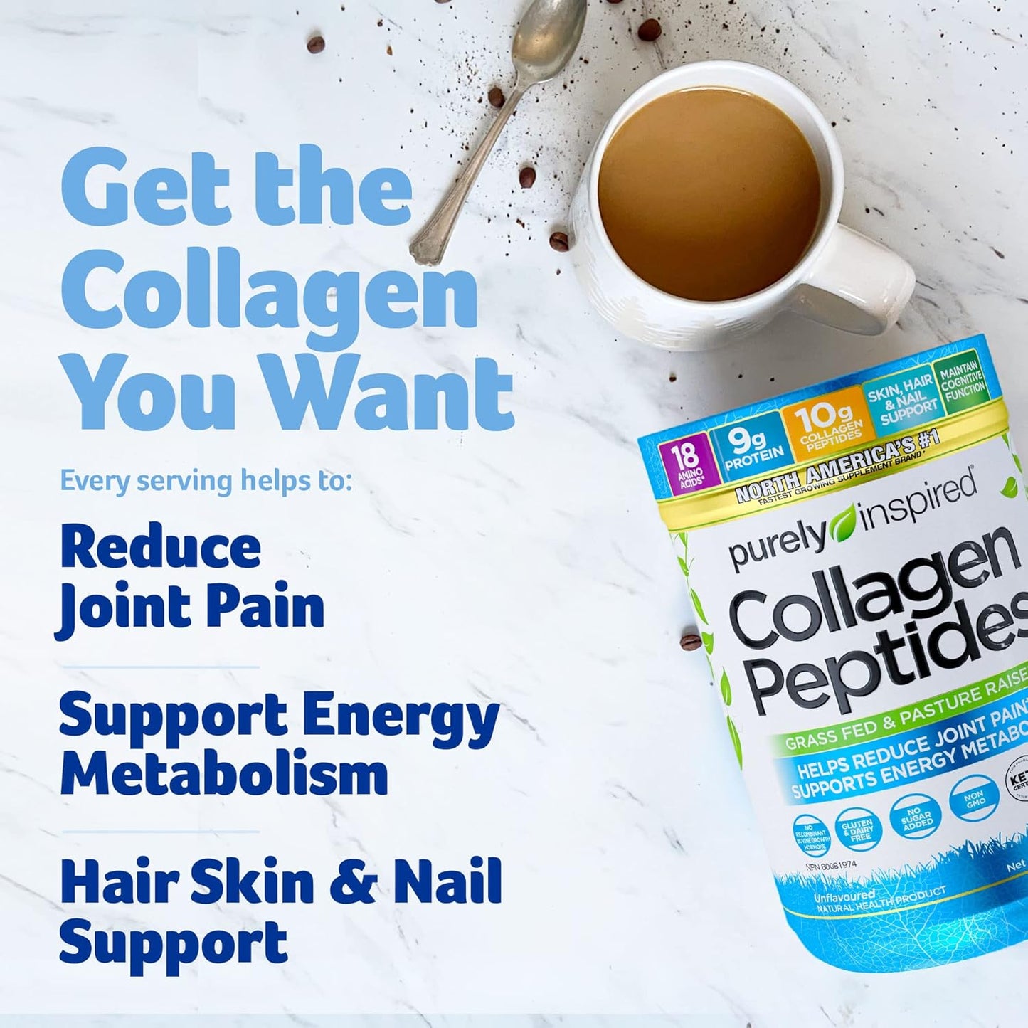 Purely Inspired Collagen Peptides Powder for Women & Men (Unflavoured) - Paleo & Keto-Friendly Supplement for Healthy Skin & Hair - Grass-Fed & Pasture Raised - 282g, 28 Servings (Pack of 1)