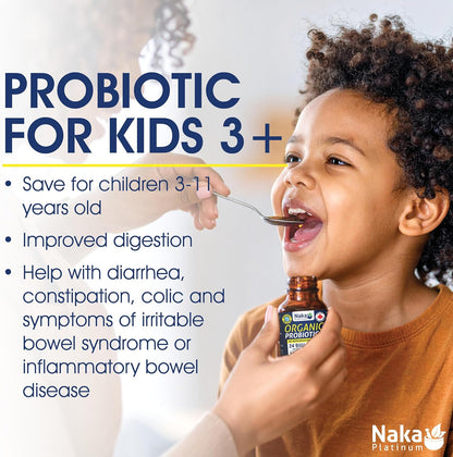 Naka Platinum 有机益生菌 7 液，保质期长，支持消化健康，支持健康的肠道菌群，缓解肠易激综合征 (IBS)、腹胀和便秘症状，无味，加拿大制造，适用于成人和儿童（125 毫升）