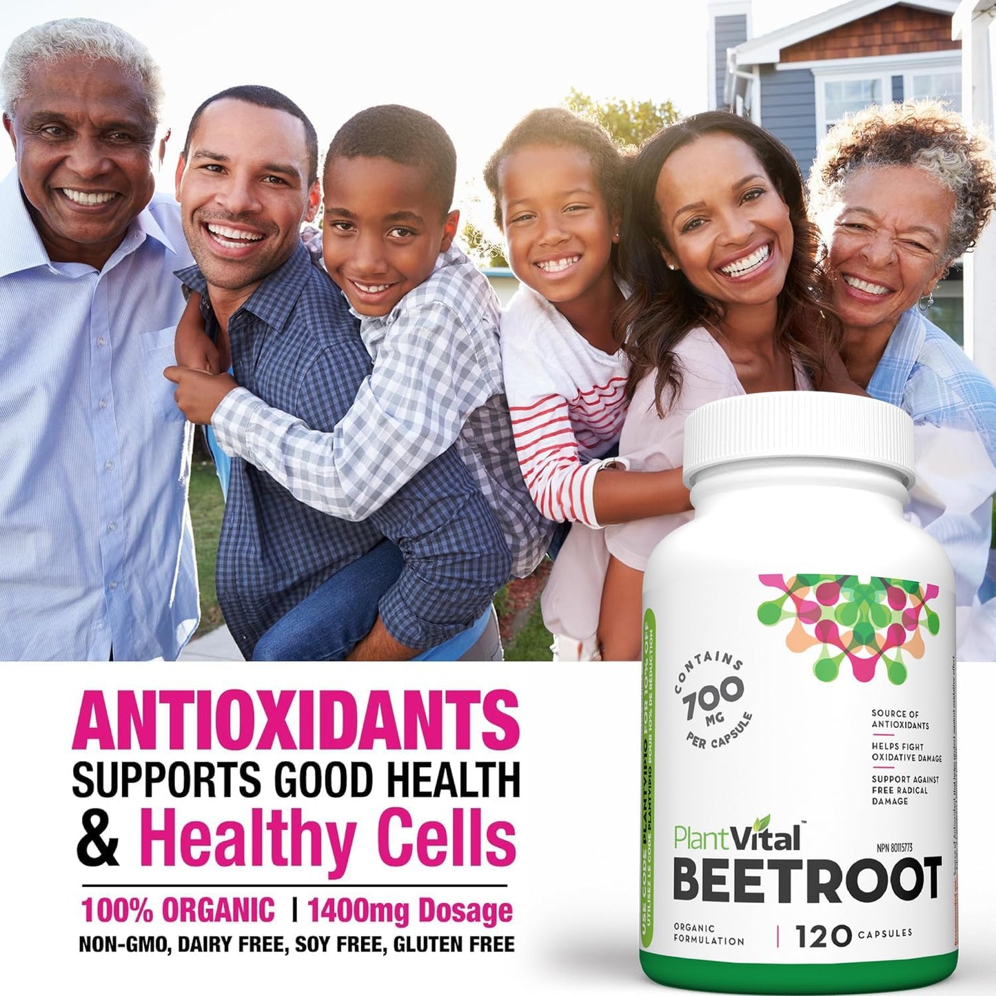 PlantVital Organic Beetroot 1400mg per day -Made in Canada, Health Canada Licensed- Antioxidant Beet Root Supplement - Protects Against Oxidative Damage and Free Radicals -120 Capsules, 2-Month Supply