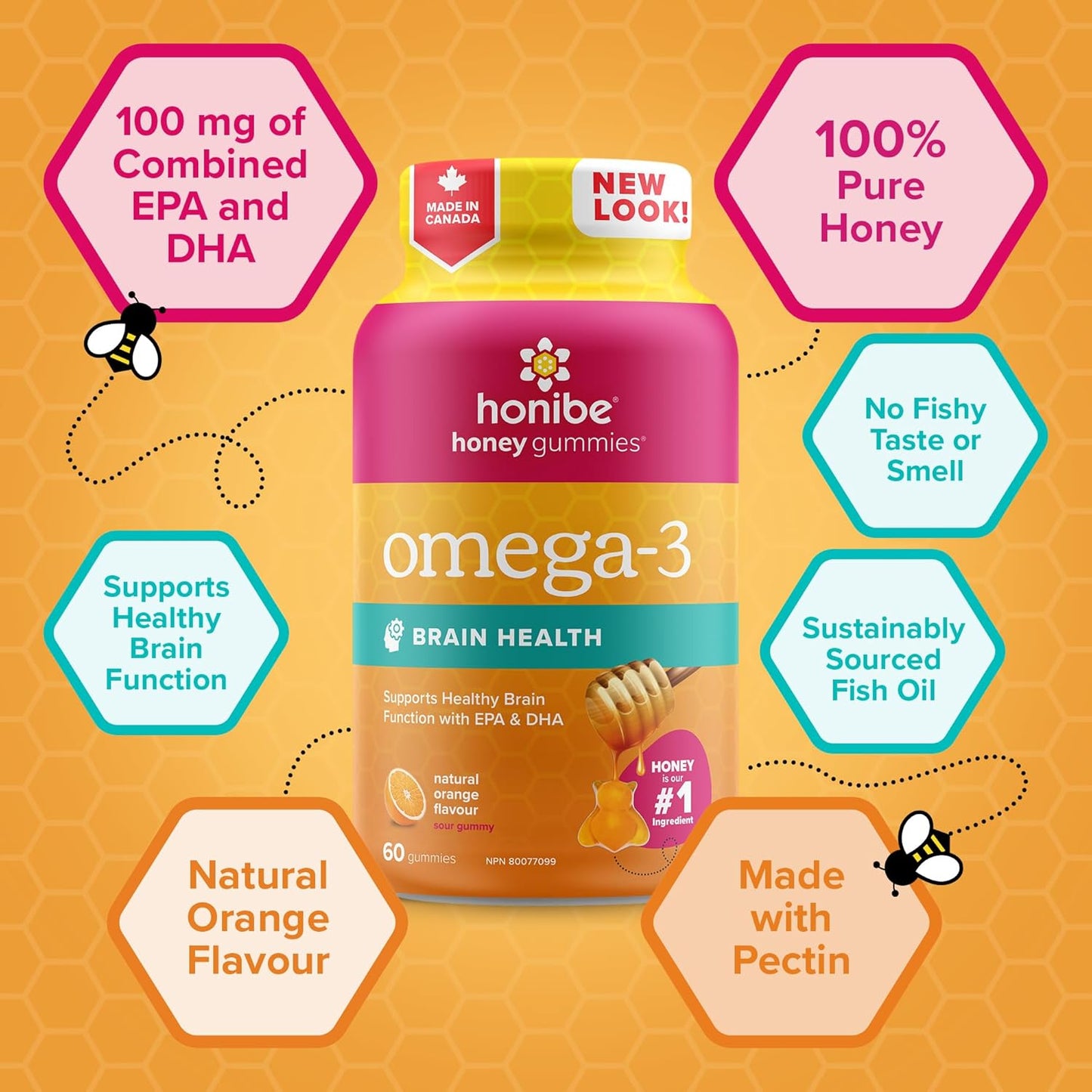 Honibe Omega 3 Gummies for Kids and Adults | Made in Canada | Supports Brain Health | Trusted Source of Omega-3 EPA & DHA Vitamins | Sustainably Sourced Fish Oil | No Fishy Taste | Omega 3 Fatty Acids | 60 Gummies
