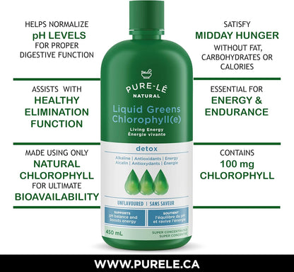 Pure-lē Natural Chlorophyll Liquid Greens | Organic (COR Certified), Gluten-Free, Vegan | Unflavored (450 mL) – Natural Body Deodorant, Alkalizing & Antioxidant Support