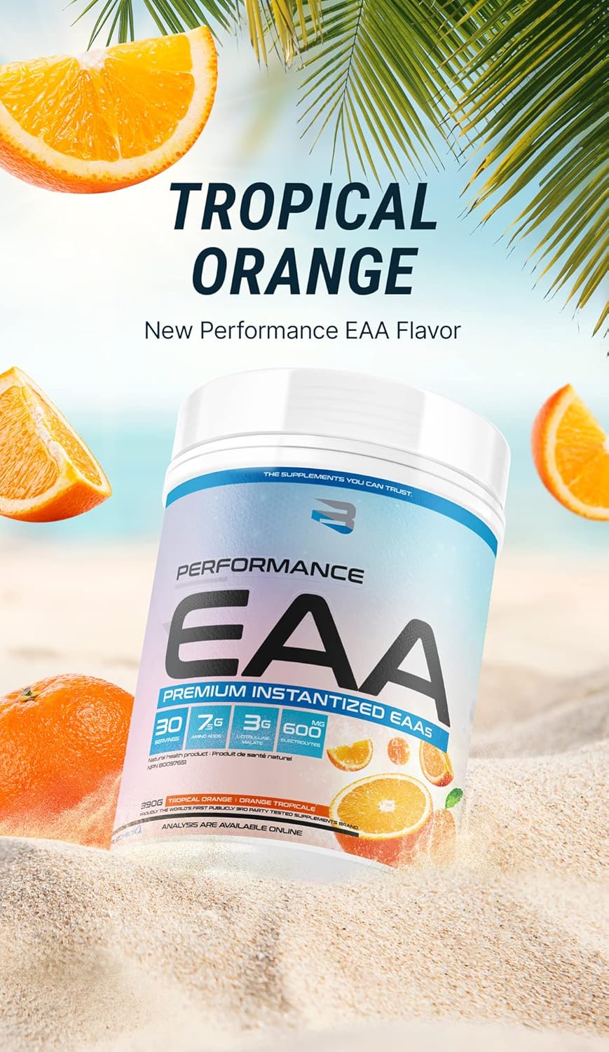 Believe Supplements 高性能 EAA - 必需氨基酸配方 | 促进肌肉恢复、性能和补水 | 提供无糖美味口味！（30 份，热带橙味）