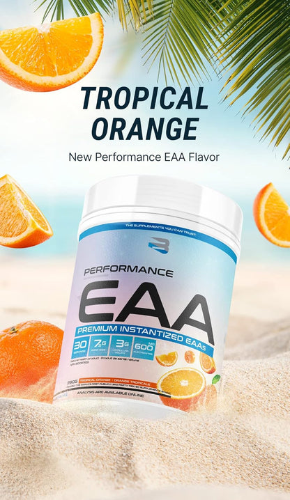 Believe Supplements 高性能 EAA - 必需氨基酸配方 | 促进肌肉恢复、性能和补水 | 提供无糖美味口味！（30 份，热带橙味）