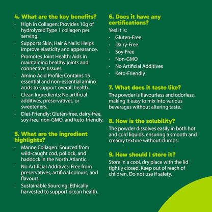 Organika 加拿大製造海洋膠原蛋白粉 - 北大西洋野生捕撈 - 9 克純水解膠原蛋白，有益於皮膚、頭髮、指甲和關節健康 - 無味，250 克