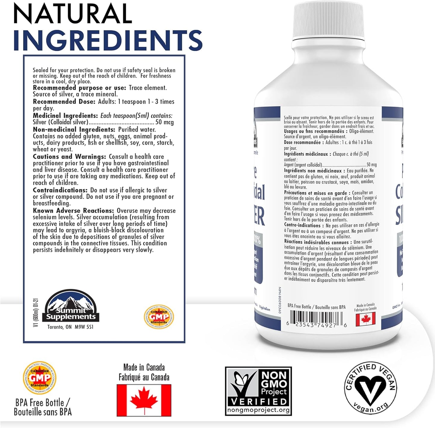Pure Colloidal Silver Liquid 600ml Family Size, 120 Servings, 10 ppm Trace Mineral Drops, Neutral Taste, Multipurpose Daily Use for Skin & Wellness, Proudly Canadian, Plastic Negative, Vegan, GMO-Free