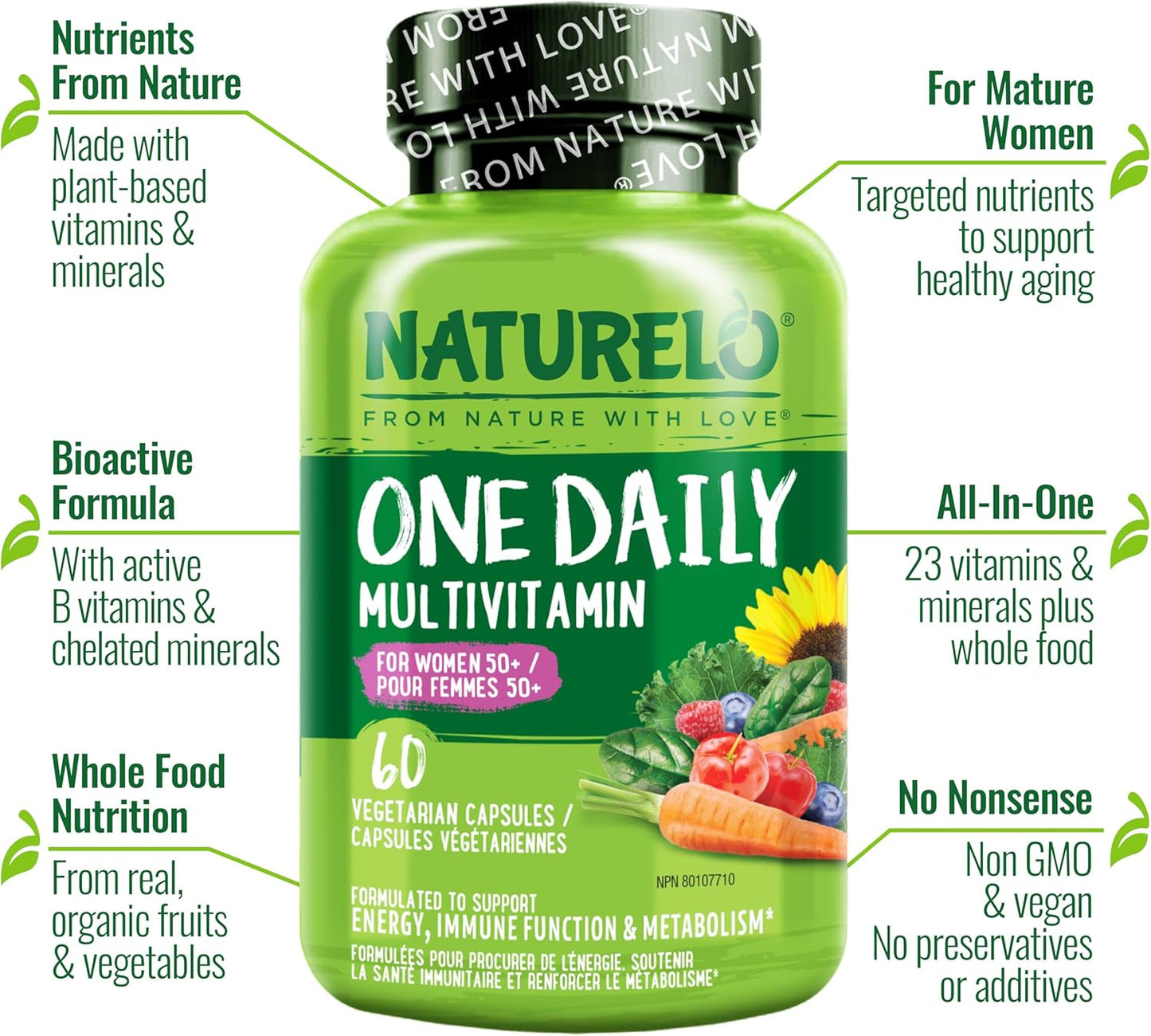 NATURELO 50歲以上女性每日一片複合維生素（無鐵） - 50歲以上女性更年期支持 - 全食物補充劑 - 非基因改造 - 不含大豆 - 60粒膠囊（2包） - 4個月用量