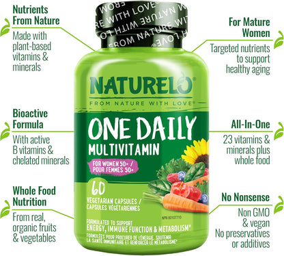 NATURELO 50歲以上女性每日一片複合維生素（無鐵） - 50歲以上女性更年期支持 - 全食物補充劑 - 非基因改造 - 不含大豆 - 60粒膠囊（2包） - 4個月用量